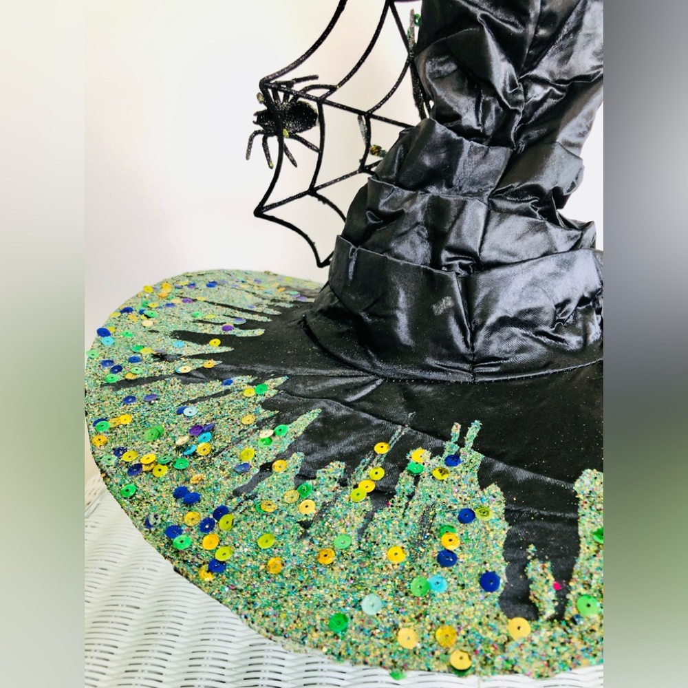 WITCH HAT Black satin green Sparkles crawling with spiders & Lg web 1 Of a kind - Picture 6 of 16
